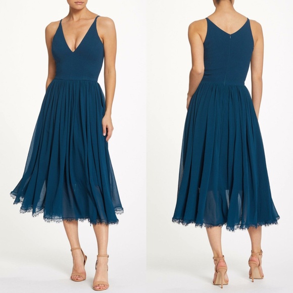 NWT DRESS THE POPULATION Peacock Blue ALICIA Mixed Media COCKTAIL Midi DRESS XL - Picture 1 of 14